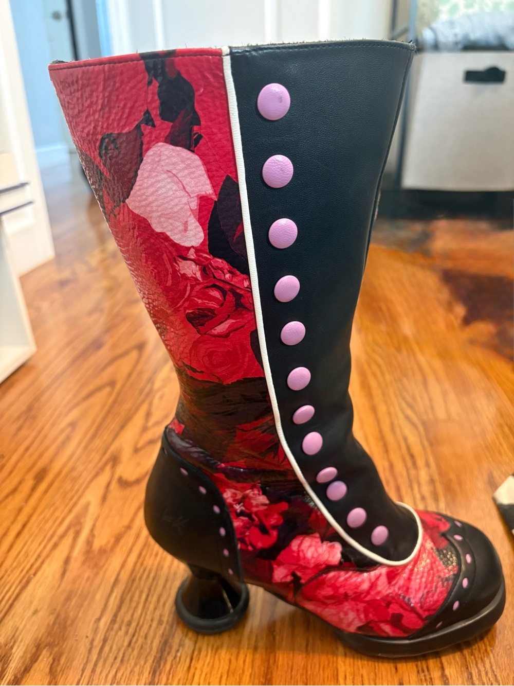 Womens Red Floral and Black Heeled Fleuvog Boots with Pink Button Detail